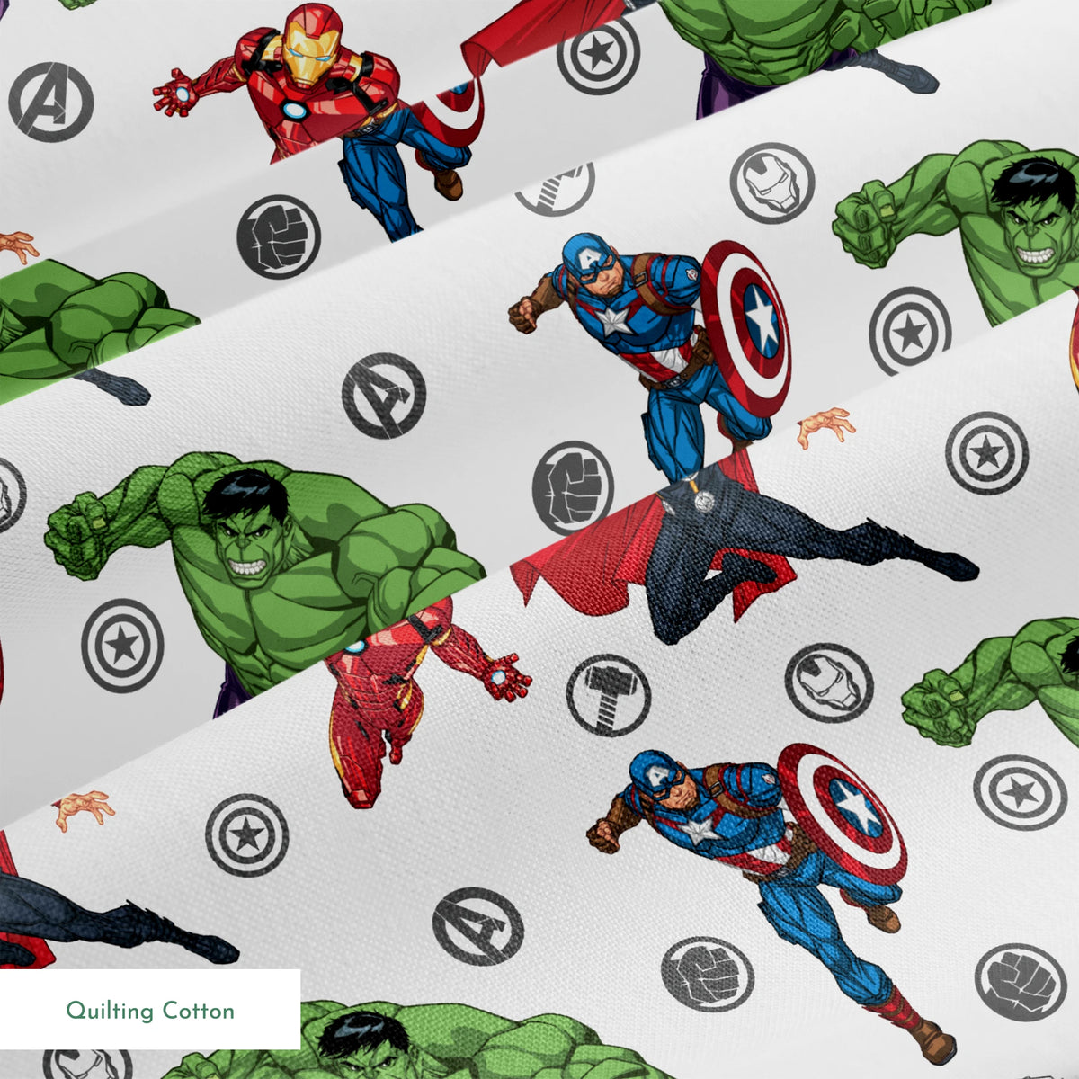 Marvel Avengers characters pattern with Hulk, Thor, Iron Man, and Captain America among superhero logos springs quiltingcotton texture