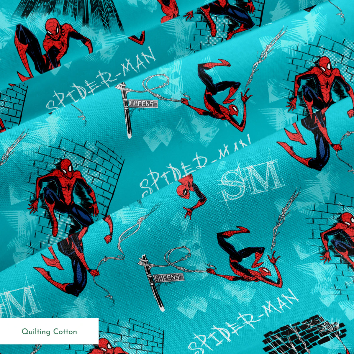 Spider-Man pattern on turquoise background with multiple poses, web designs, and logos springs quiltingcotton texture