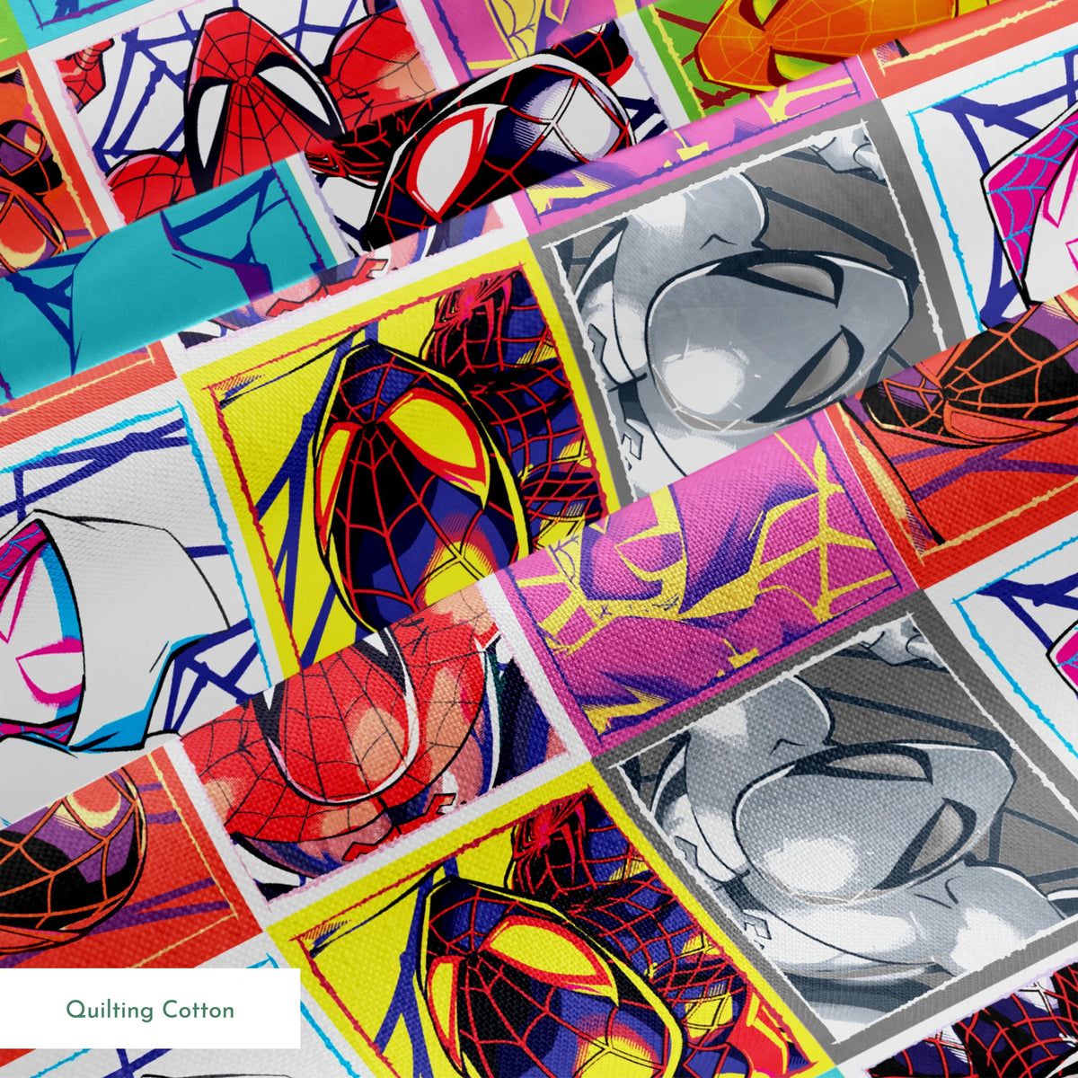 Colorful pop art grid of nine Spiderman designs in vibrant color schemes springs quiltingcotton texture