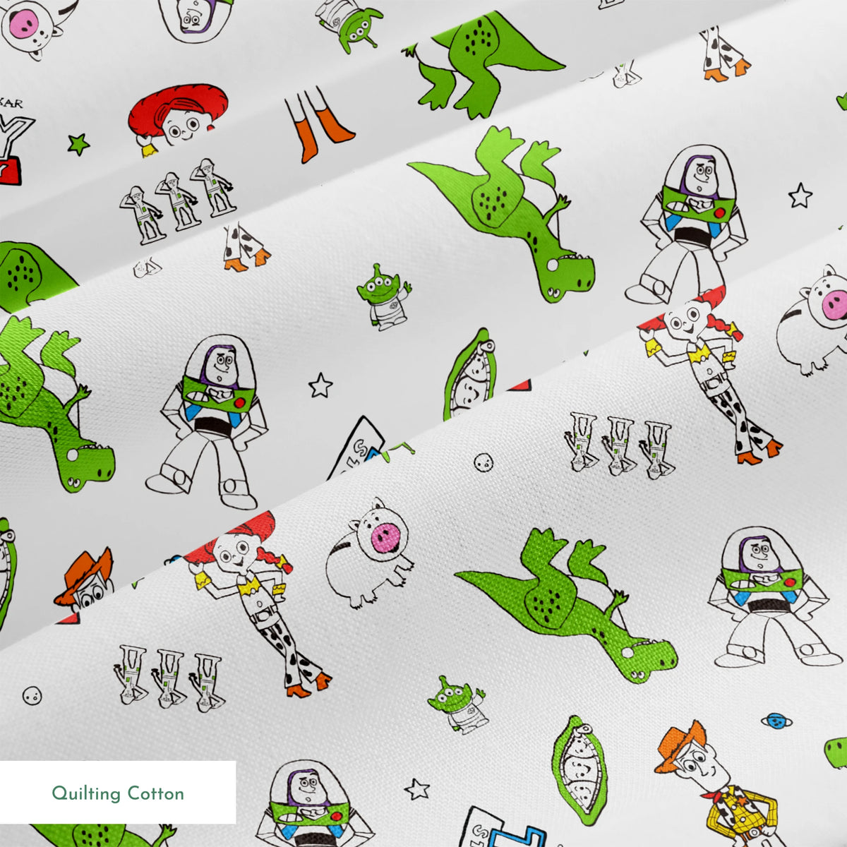 Toy Story pattern with Rex, Buzz, Woody, and alien characters scattered on white background springs quiltingcotton texture