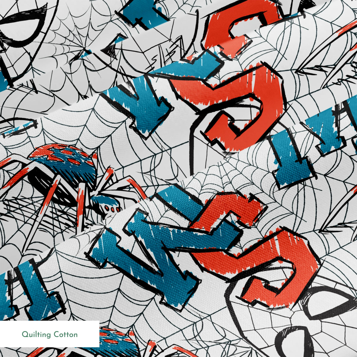 Abstract design with blue and red letters (S, M, K) overlaid with black spider web patterns on white background springs quiltingcotton texture