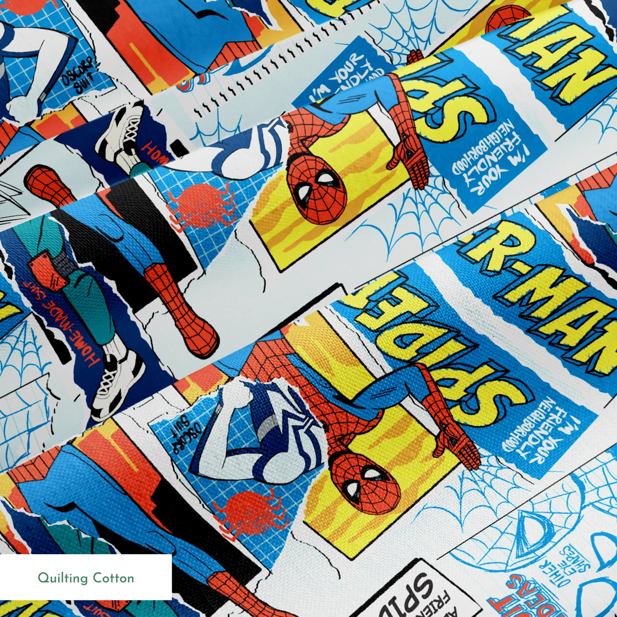 Spider-Man comic book style pattern with red and blue superheroes in action poses against web-themed background springs quiltingcotton texture