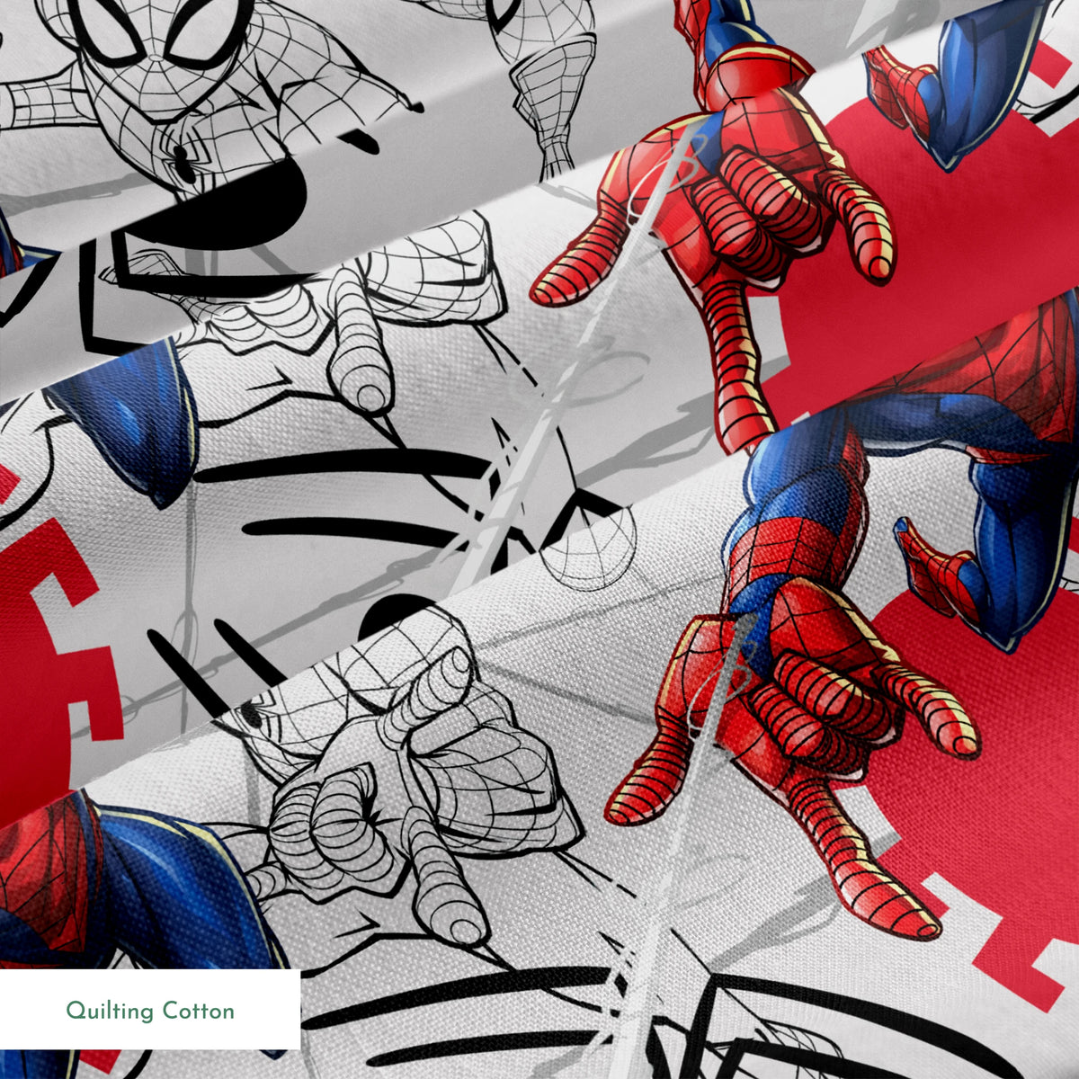Spider-Man in various poses, including colored and line art illustrations on a red and gray background springs quiltingcotton texture