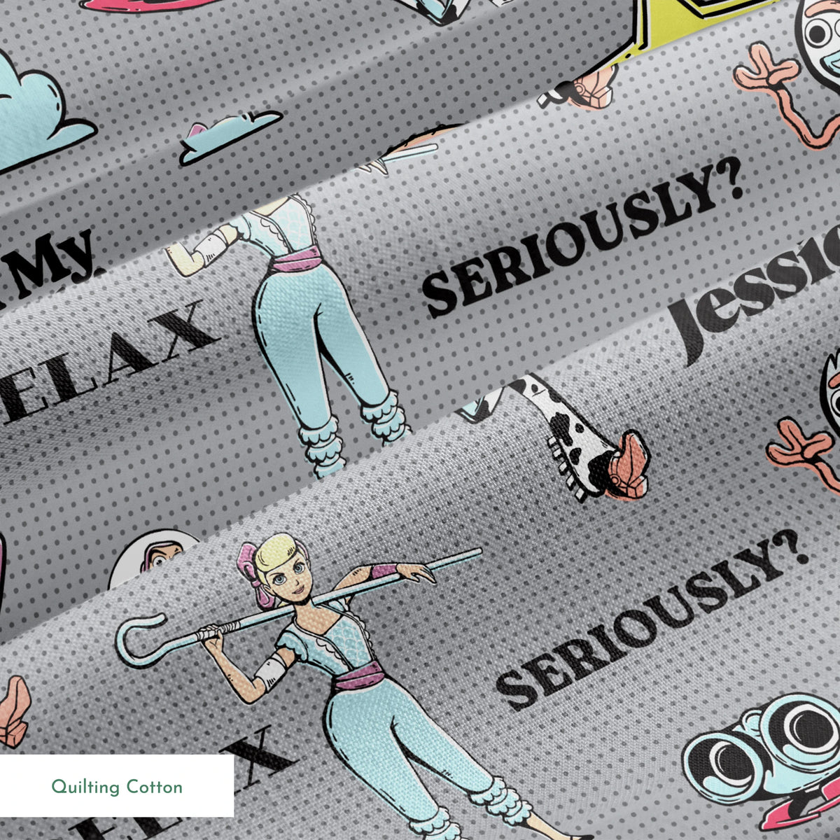 Toy Story character pattern with Buzz, Woody and aliens on gray background with phrases like "Good Vibes" and "Galaxy Hoppin' springs quiltingcotton texture