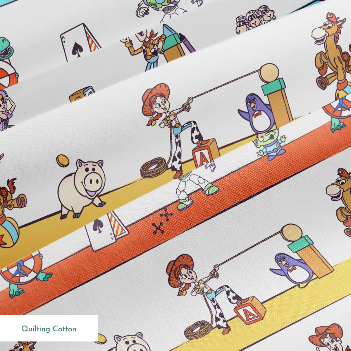 Cartoon illustration of three rows showing different Toy Story characters in action - Woody, Buzzlightyear, Jessie, & more! springs quiltingcotton texture