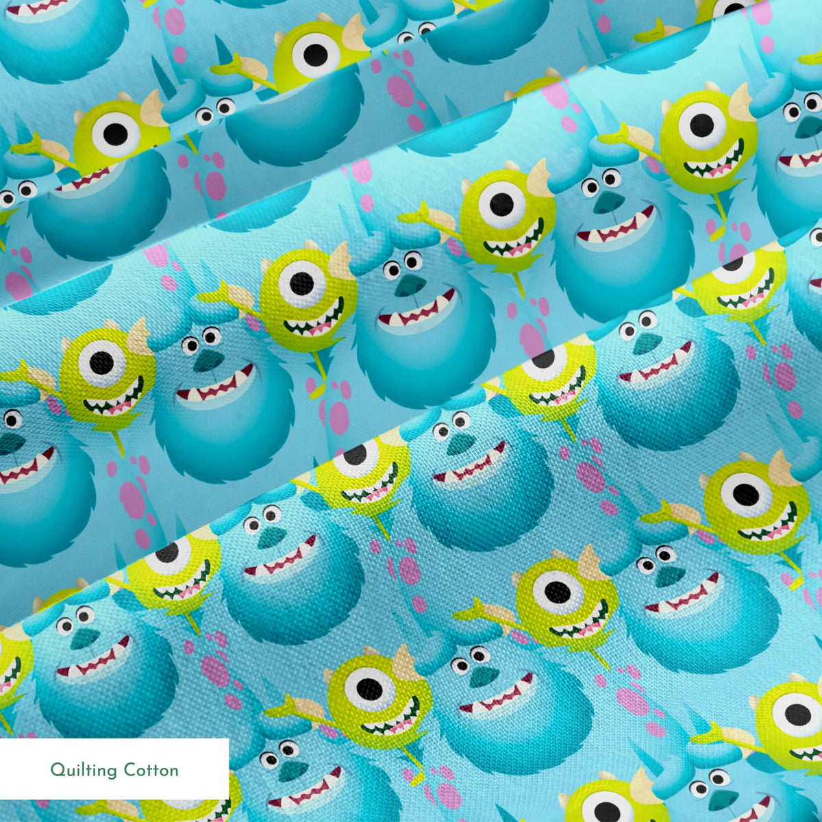 Repeating pattern of Monsters Inc characteres - Mike & Sulley on light blue background. springs quiltingcotton texture