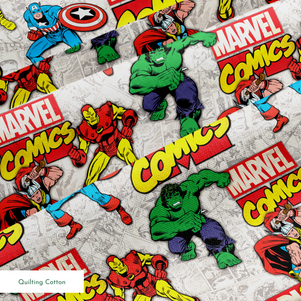 Marvel Comics collage pattern featuring iconic superheroes in action poses against comic book page background springs quiltingcotton texture