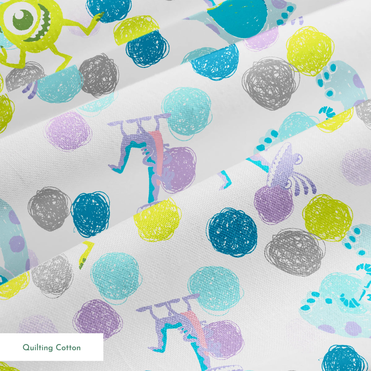 Colorful pattern featuring cartoon monsters with polka dots in blue, green, and purple on white background springs quiltingcotton texture