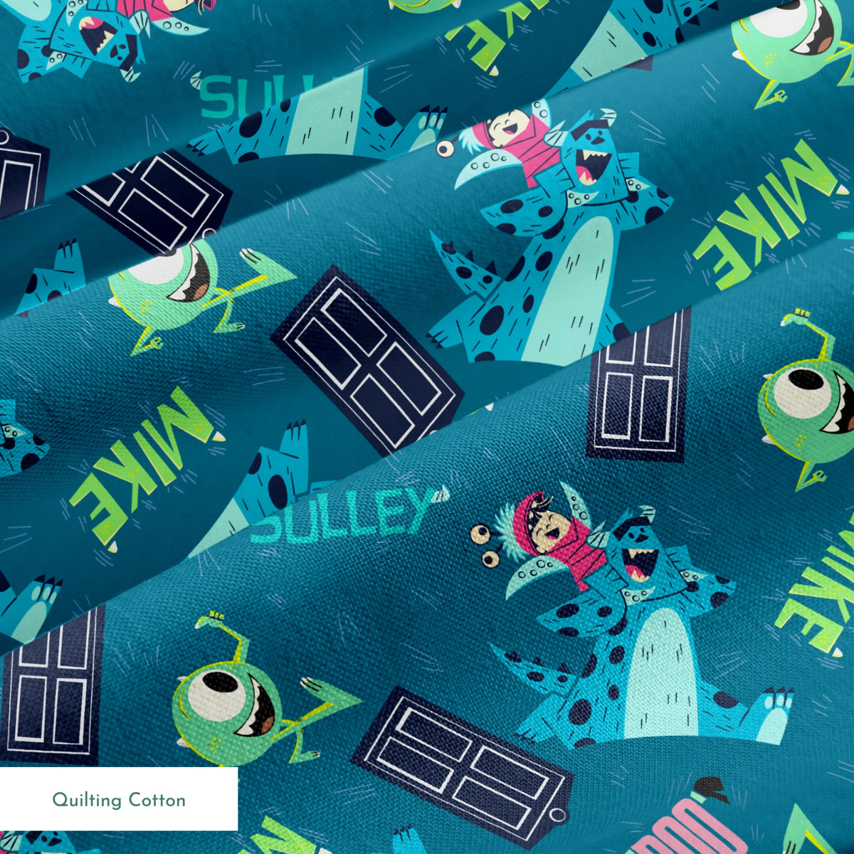 Monsters Inc pattern with Mike, Sulley, Boo characters, and doors on teal background springs quiltingcotton texture