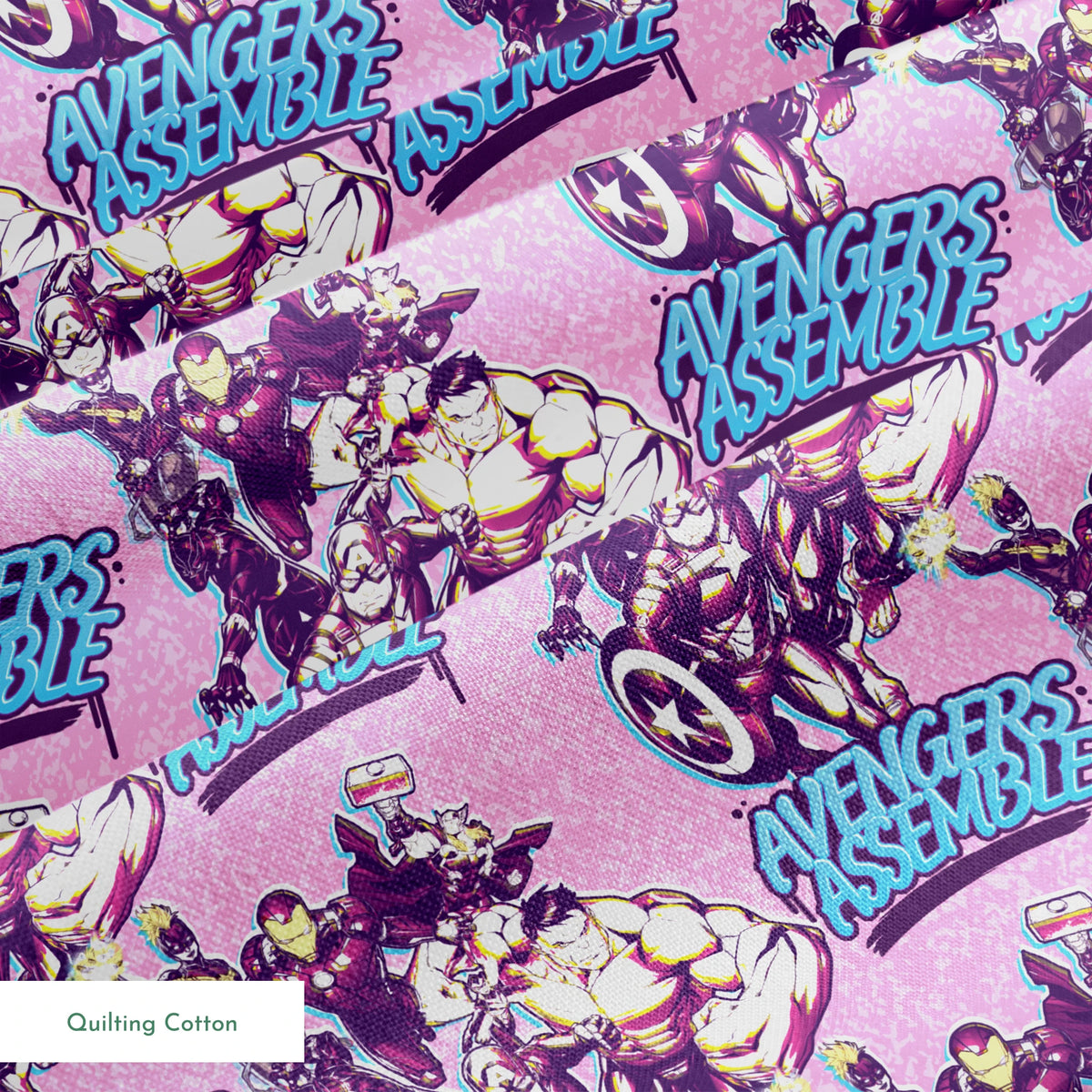 Avengers comic book characters pattern on purple background with "Avengers Assemble" text springs quiltingcotton texture