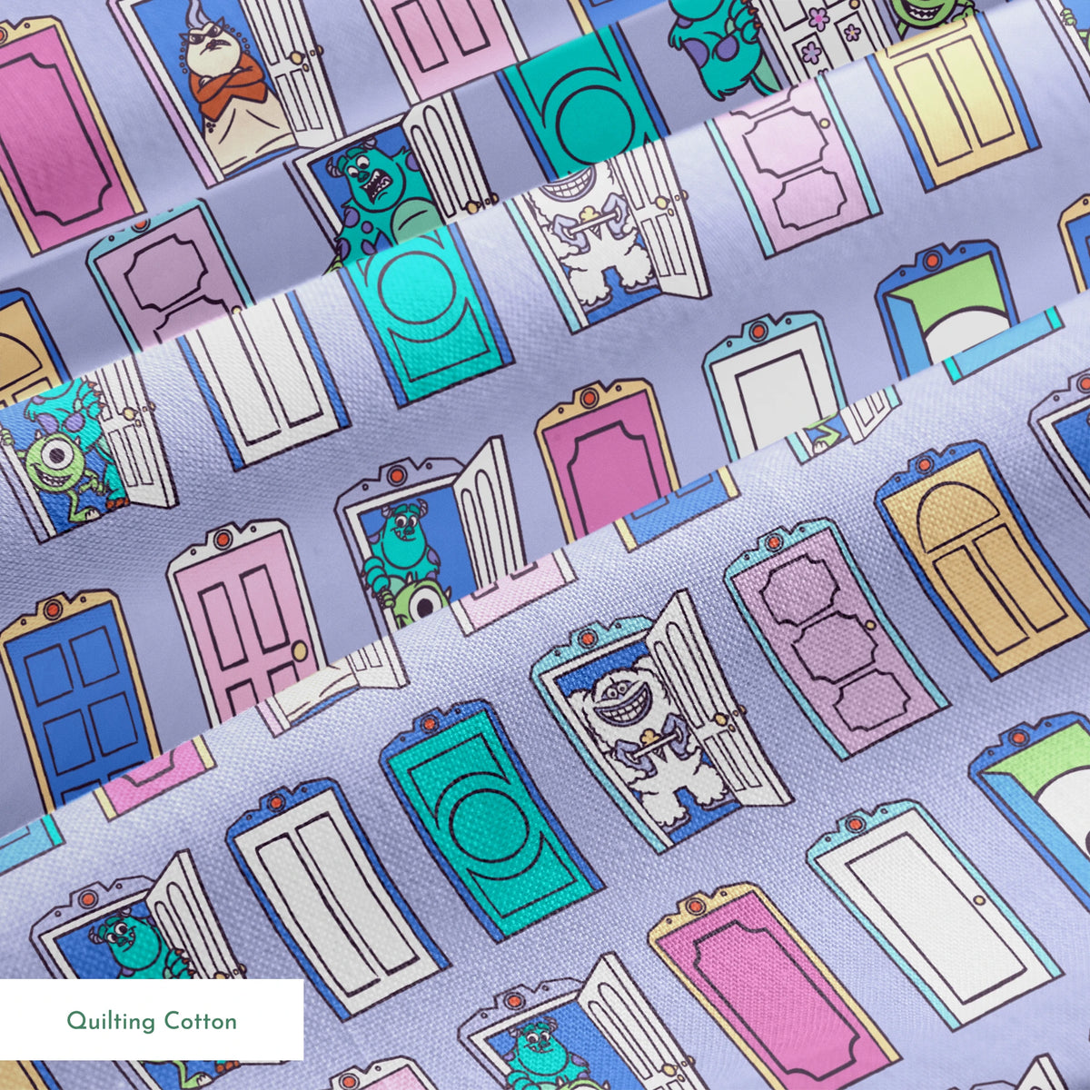 Colorful pattern of cartoon monster characters peeking through various doors in purple, blue, pink, and green on a lavender background. springs quiltingcotton texture