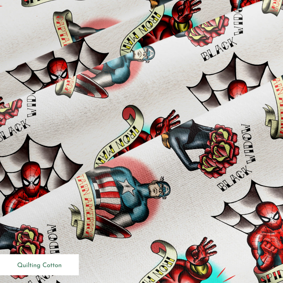 Traditional tattoo flash art designs featuring black panthers, hearts with daggers, spider webs, and colorful elements on cream background springs quiltingcotton texture