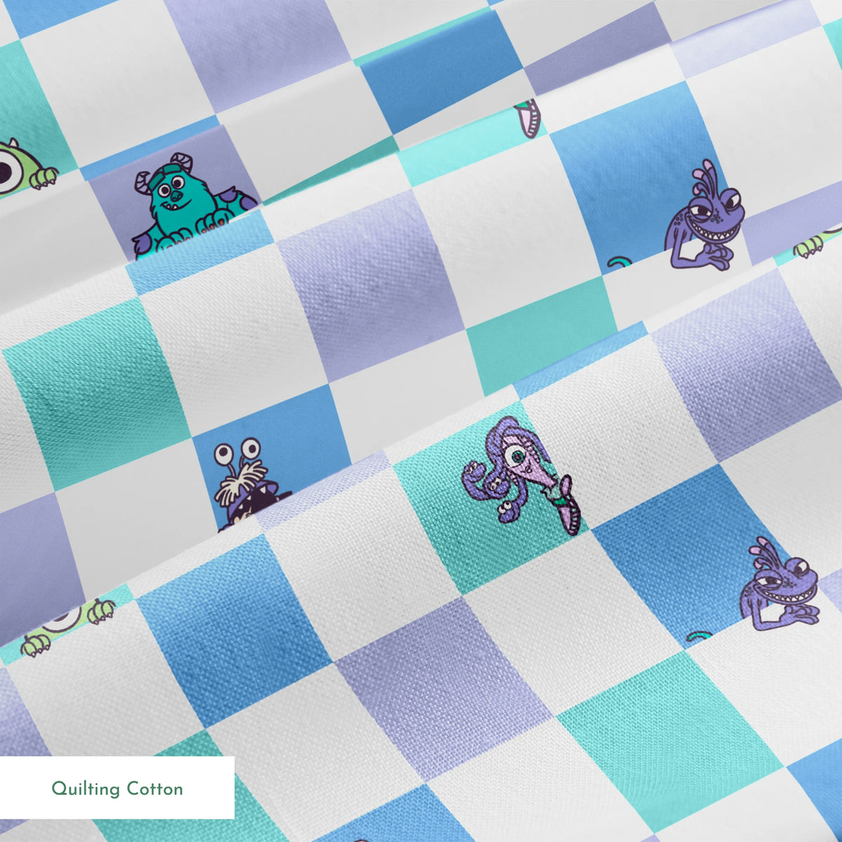 Monsters Inc characters on a checkered pattern of white, mint green, light purple, and blue squares springs quiltingcotton texture
