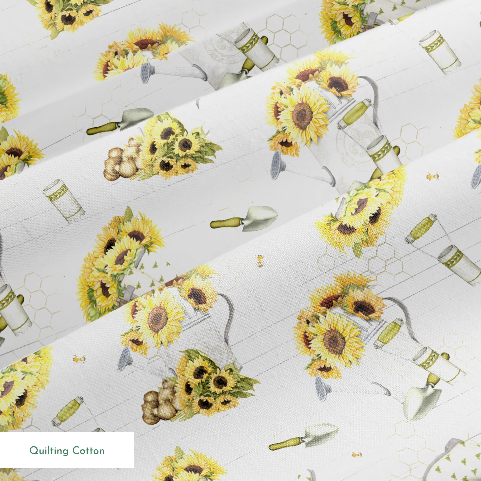 Sunflower-filled watering cans with bees, trowels, and garden tools on a white shiplap and honeycomb background. Designed by Nicole Tamarin. springs quiltingcotton texture