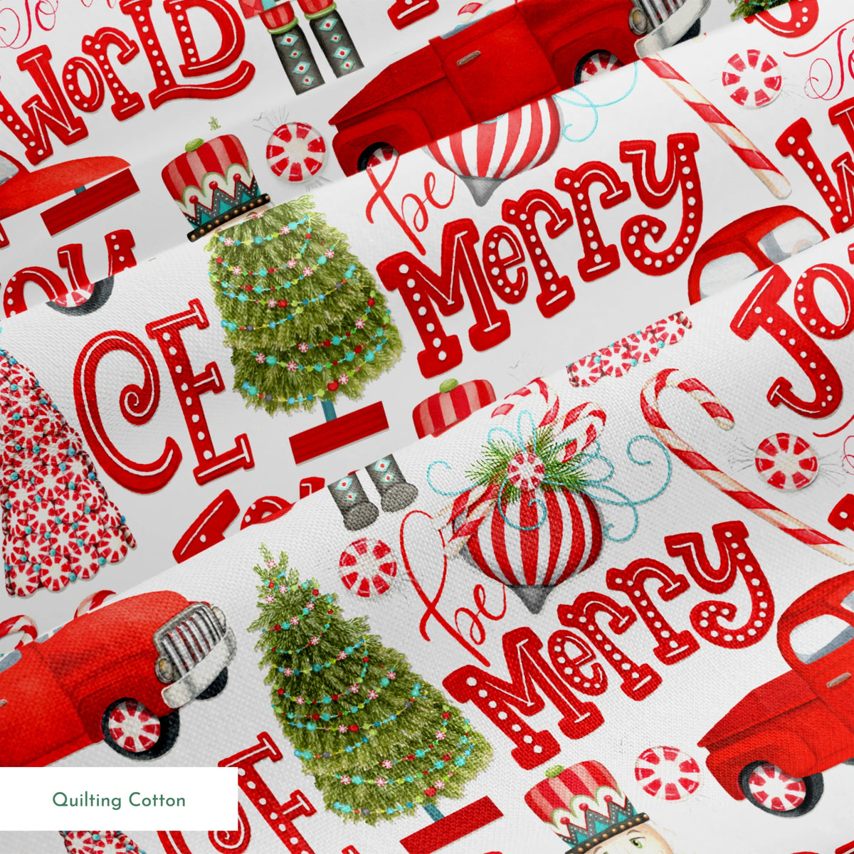 Holiday pattern featuring red trucks, nutcrackers, candy canes, Christmas trees, and festive lettering on a white background by Nicole Tamarin. springs quiltingcotton texture