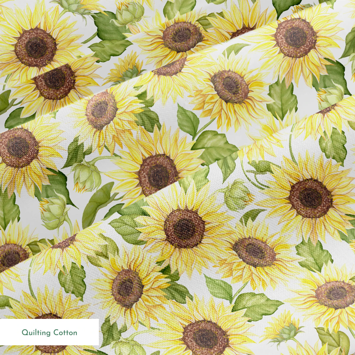 Watercolor-style packed sunflower pattern with yellow blooms and green leaves on a white background, designed by Nicole Tamarin. springs quiltingcotton texture