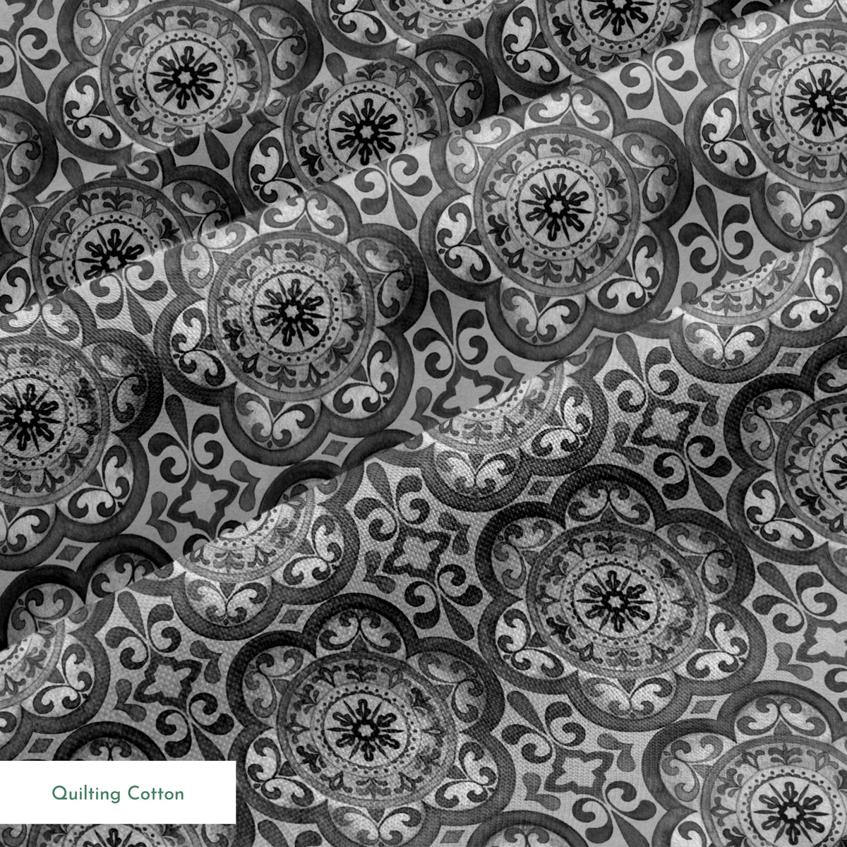 Grayscale medallion tile pattern with floral and scroll motifs in a symmetrical layout by Nicole Tamarin. springs quiltingcotton texture