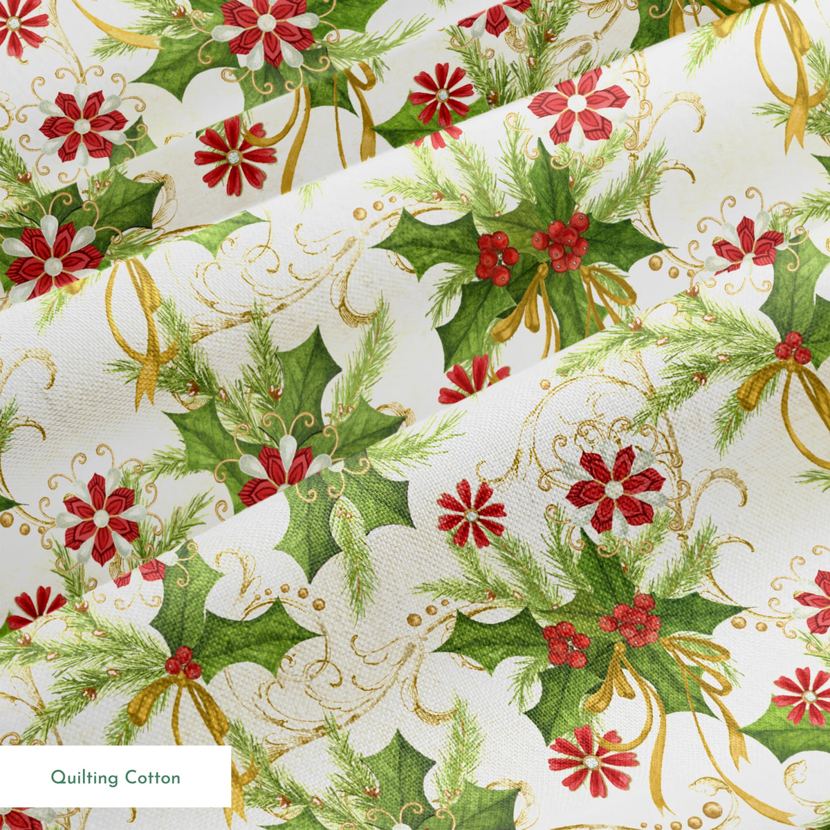 Festive pattern featuring holly leaves, pine branches, red floral medallions, and golden swirls on an ivory background by Nicole Tamarin. springs quiltingcotton texture