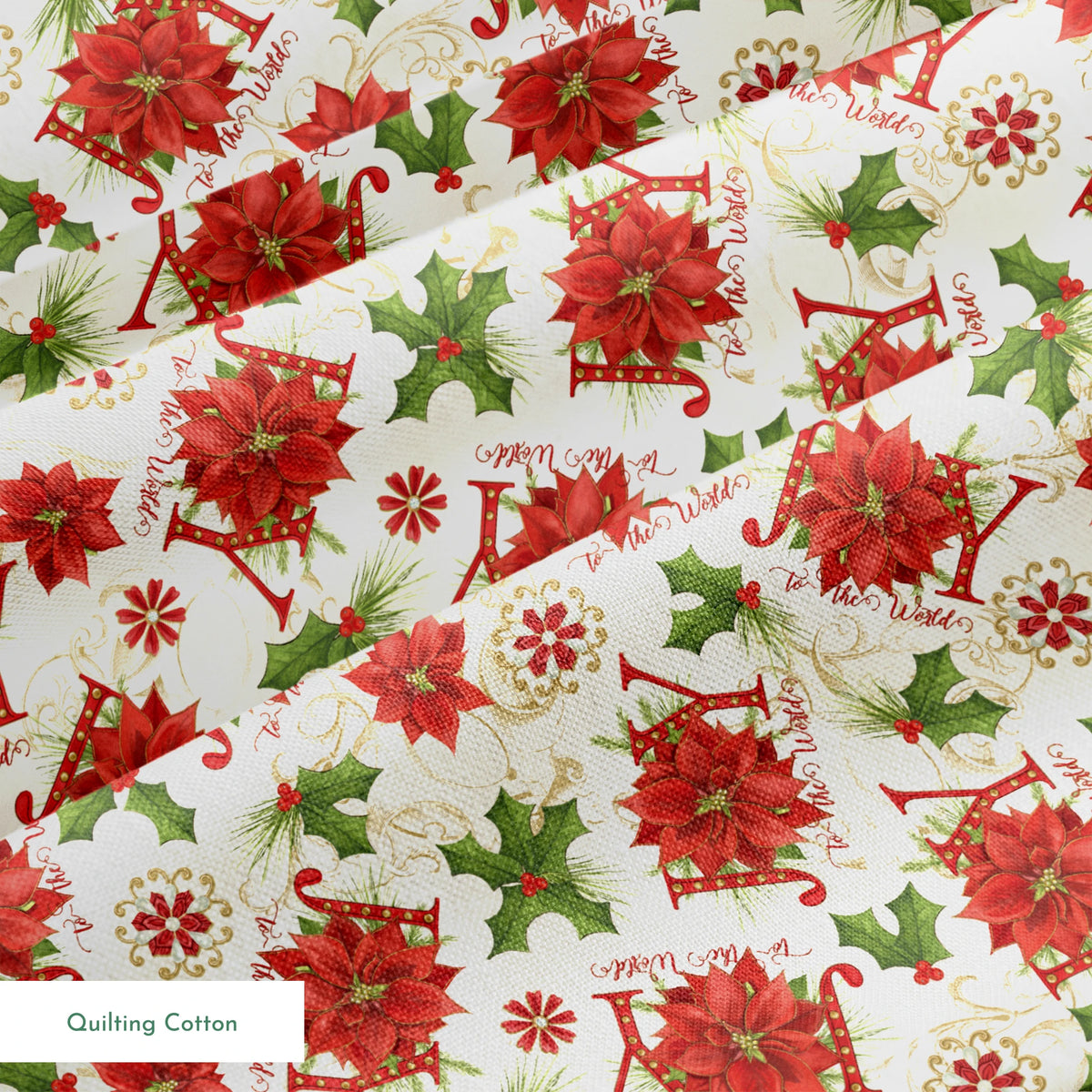 Red poinsettias, holly leaves, pine sprigs, and peppermint candy motifs with scattered “Joy” text in a festive holiday toss design by Nicole Tamarin. springs quiltingcotton texture