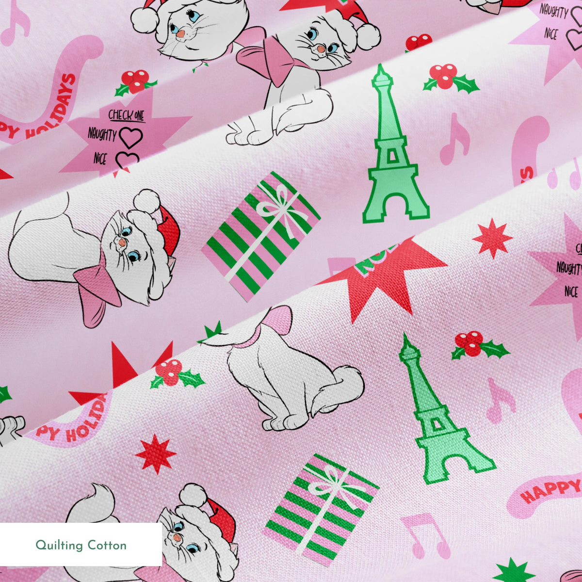 Holiday pattern with Marie from The Aristocats in Santa hats, Eiffel Towers, "Noel" text, and festive stars on pink background springs quiltingcotton texture