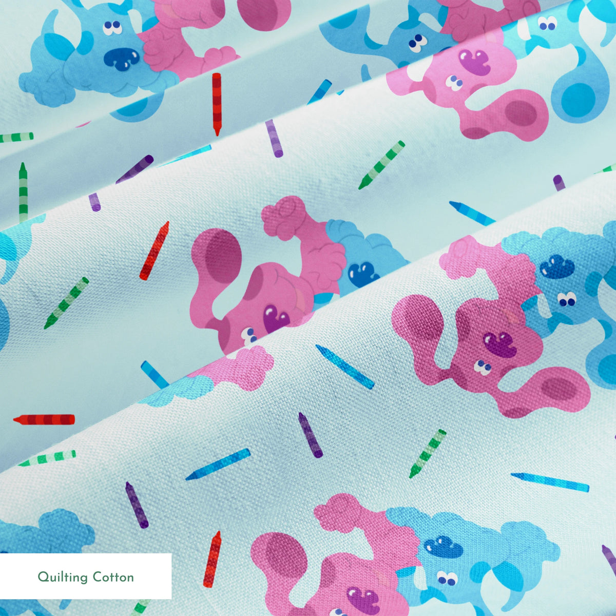 Playful pattern of cartoon blue and pink dogs with colorful stick accents on light blue background springs quiltingcotton texture