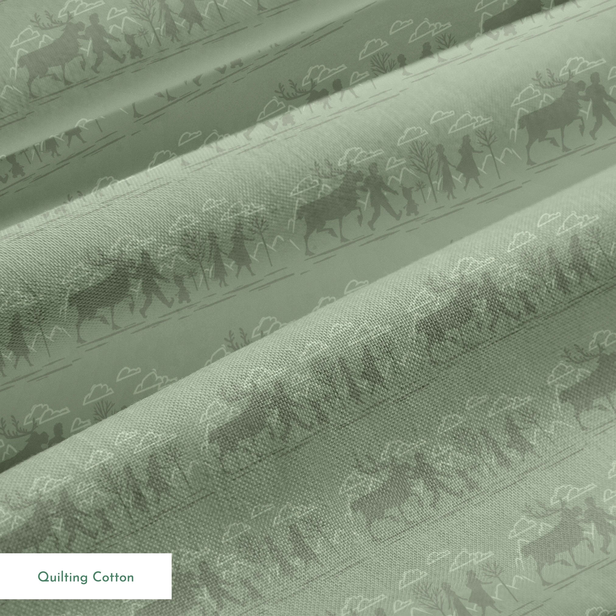 Muted green patterned design with repeating silhouettes of Frozen characters in horizontal bands springs quiltingcotton texture