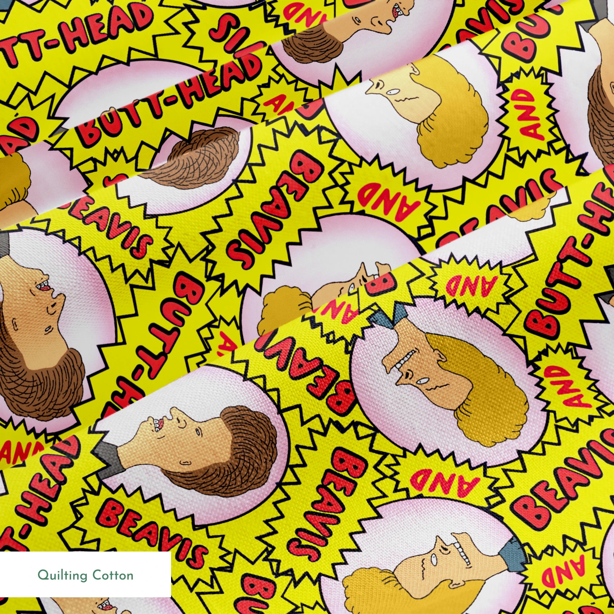 Yellow pattern with cartoon characters and text "BEAVIS" and "BUTT-HEAD" in comic-style speech bubbles repeated throughout springs quiltingcotton texture
