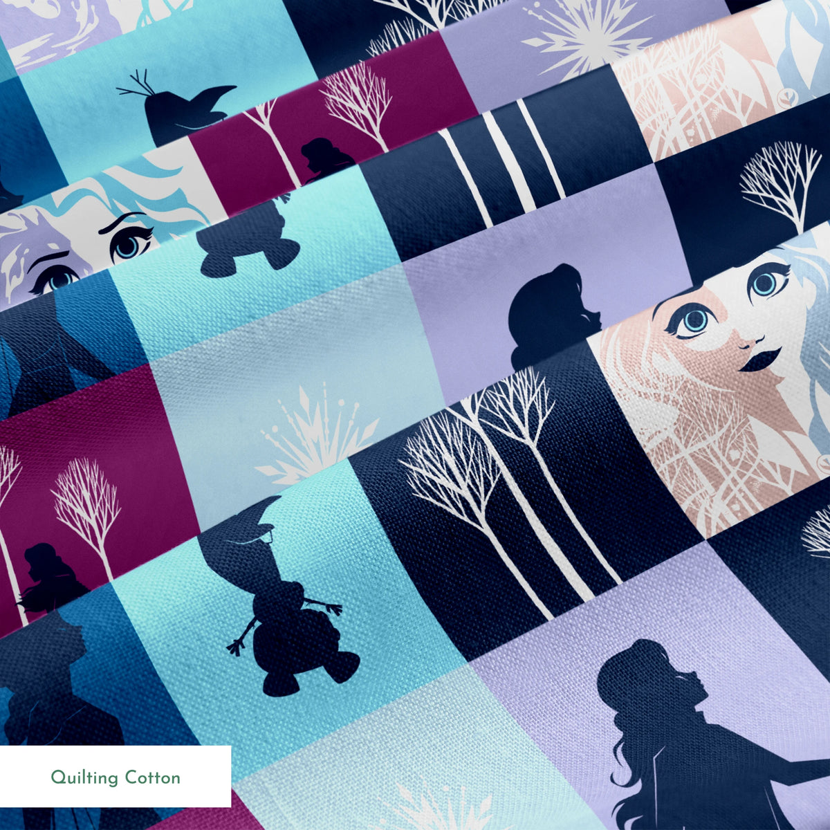 A grid of "Frozen" themed illustrations featuring character portraits, snowflakes, winter trees, and silhouetted scenes in shades of blue and purple. springs quiltingcotton texture