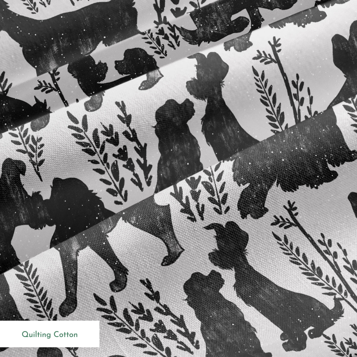 Repeating pattern of black dog silhouettes with decorative plant motifs on a light gray background springs quiltingcotton texture