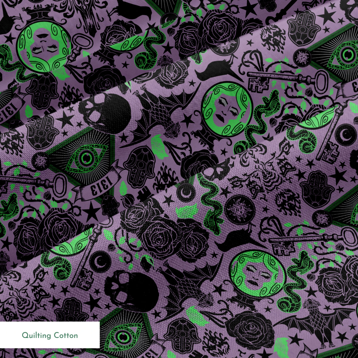 A dark purple background with gothic imagery in black and neon green featuring mystical elements including roses, celestial symbols, eyes, hands, and ornate decorative patterns. springs quiltingcotton texture
