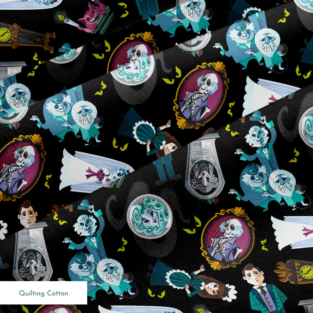 Haunted Mansion themed pattern with cartoon ghosts, characters, coffins, and spooky elements on black background springs quiltingcotton texture