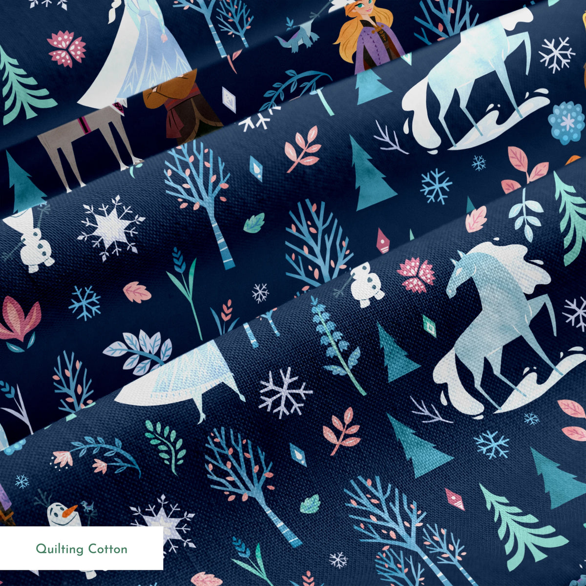 Illustrated Frozen pattern with Elsa, Anna, & friends, and floral elements on dark blue background springs quiltingcotton texture