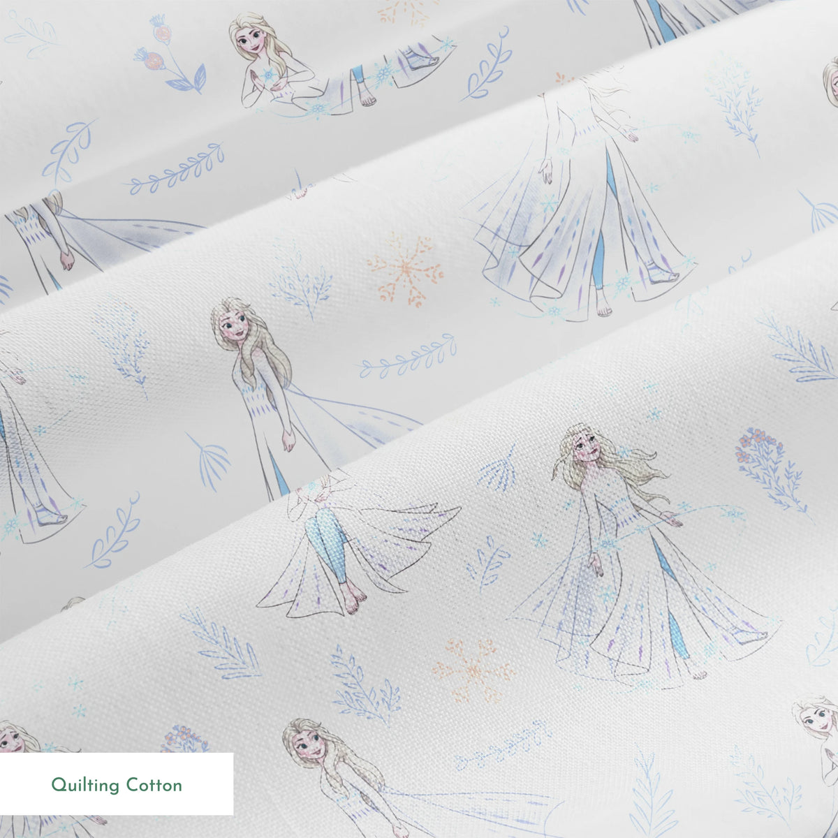 The image shows a decorative pattern featuringFrozen's Elsa, surrounded by delicate snowflakes, leaves, and floral elements in soft pastel colors on a light background. springs quiltingcotton texture