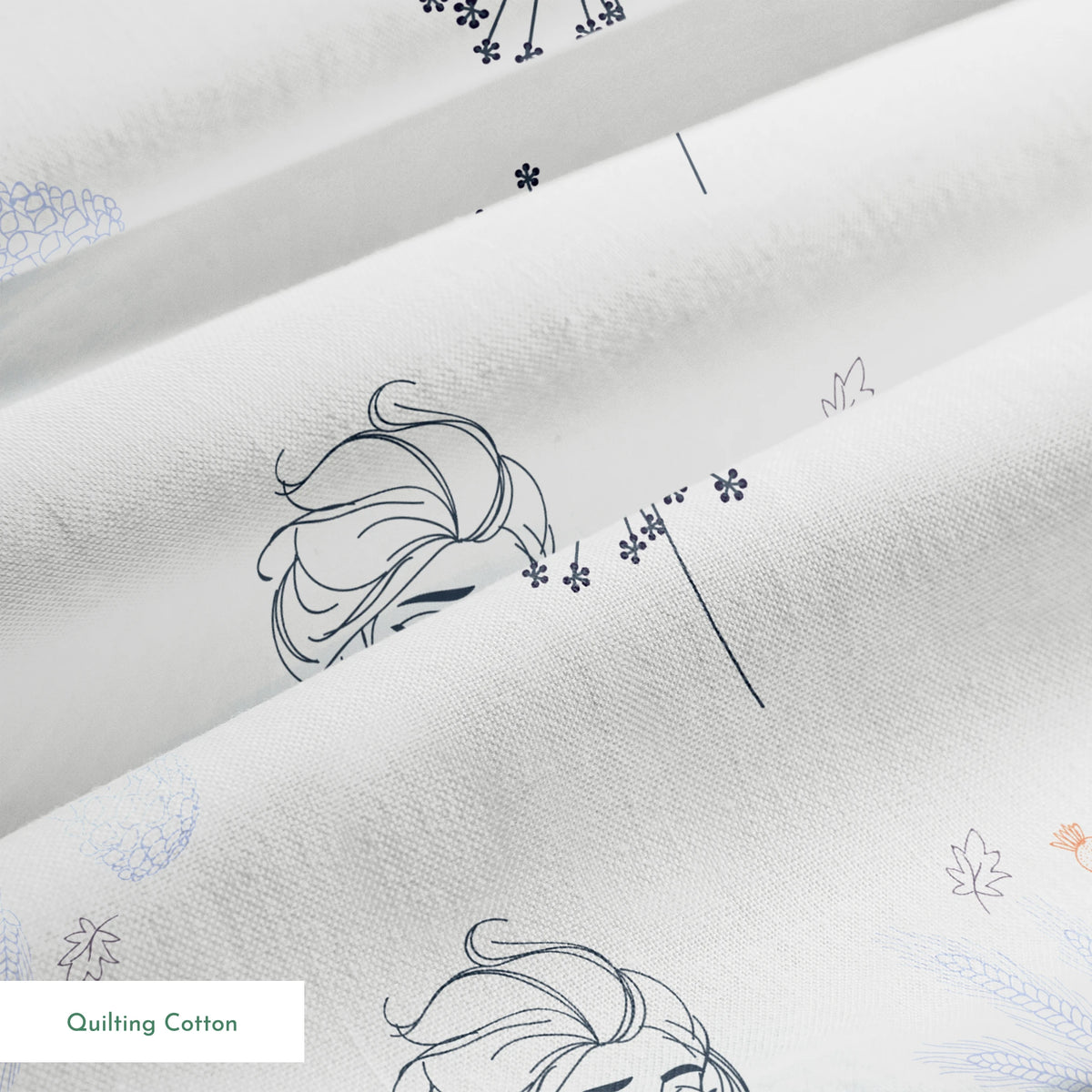 Delicate blue pattern featuring Frozen's Elsa and Anna surrounded by floral elements and dandelions on a light background springs quiltingcotton texture
