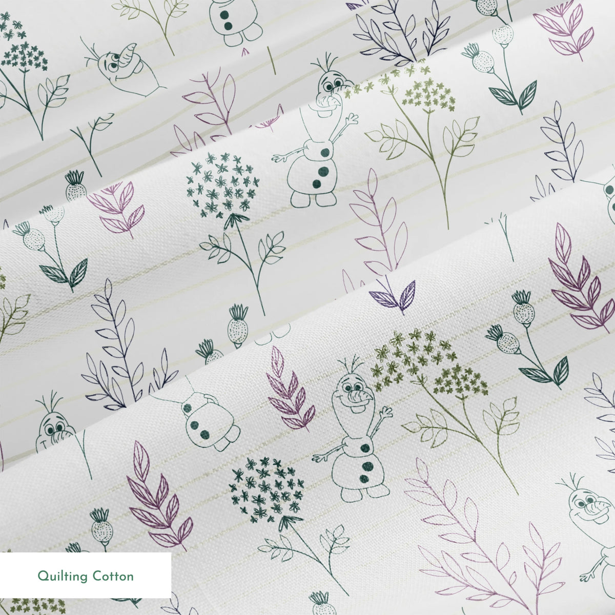 Pattern of sketched botanical elements, flowers, and Olaf on a lined background in soft greens and purples springs quiltingcotton texture