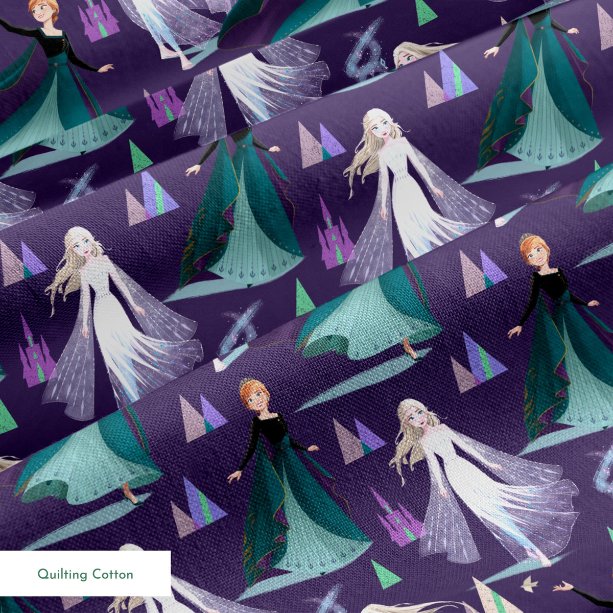 Frozen characters and ice castles on purple background, magical fantasy pattern springs quiltingcotton texture