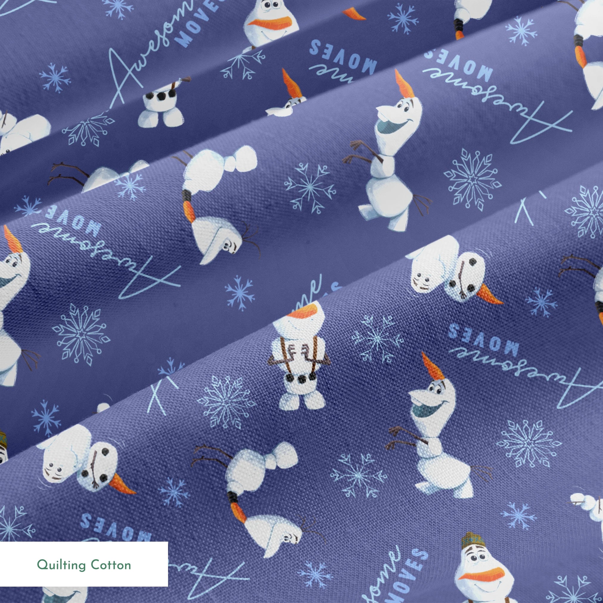 Playful Olaf the snowman pattern with snowflakes on purple background showing various poses springs quiltingcotton texture