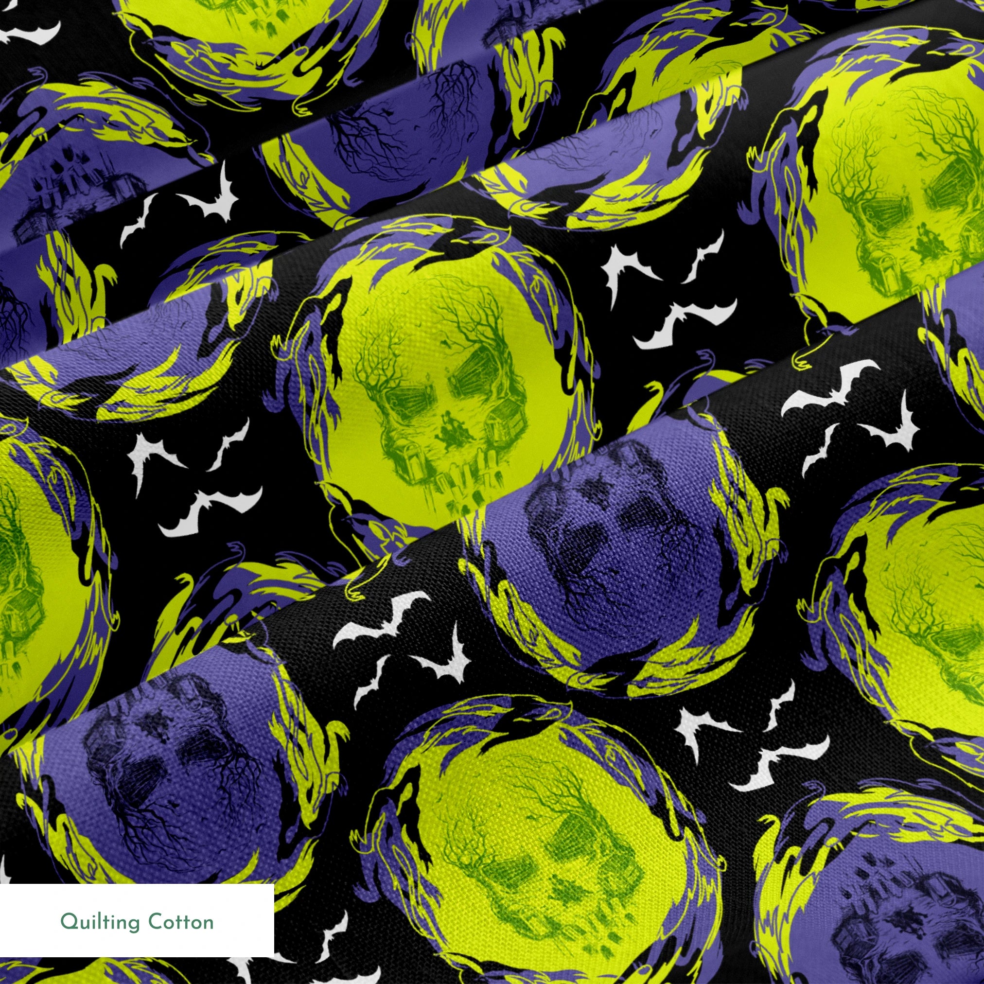 Repeating pattern of neon green and purple skulls with swirling effects on black background with white bats springs quiltingcotton texture