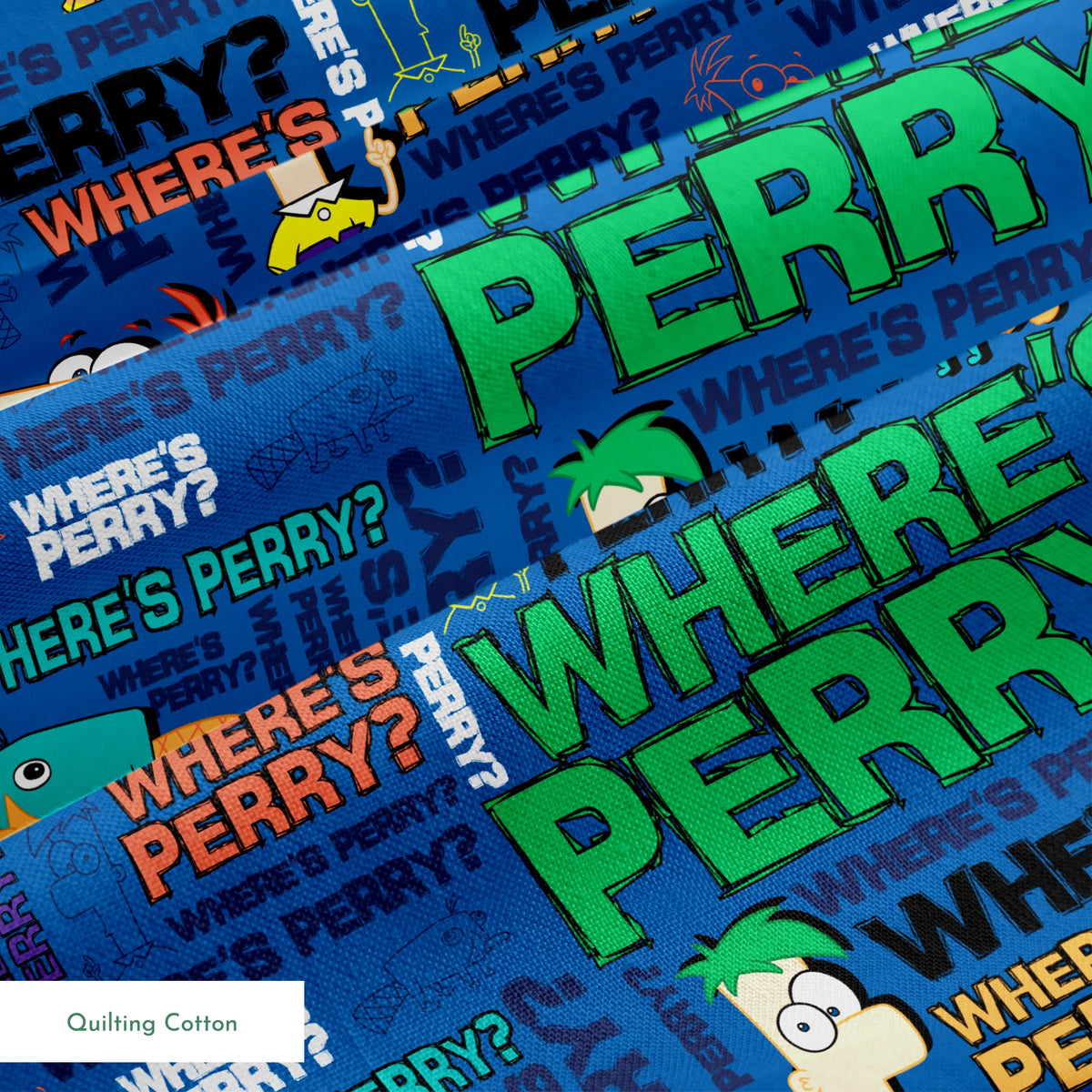 Phineas & Ferb pattern with "WHERE'S PERRY?" text repeated in various colors on blue background springs quiltingcotton texture