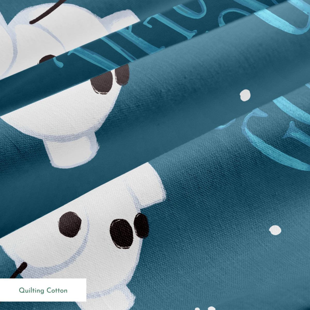 Playful Olaf pattern with "Let It Snow" text on teal background with snowflakes springs quiltingcotton texture