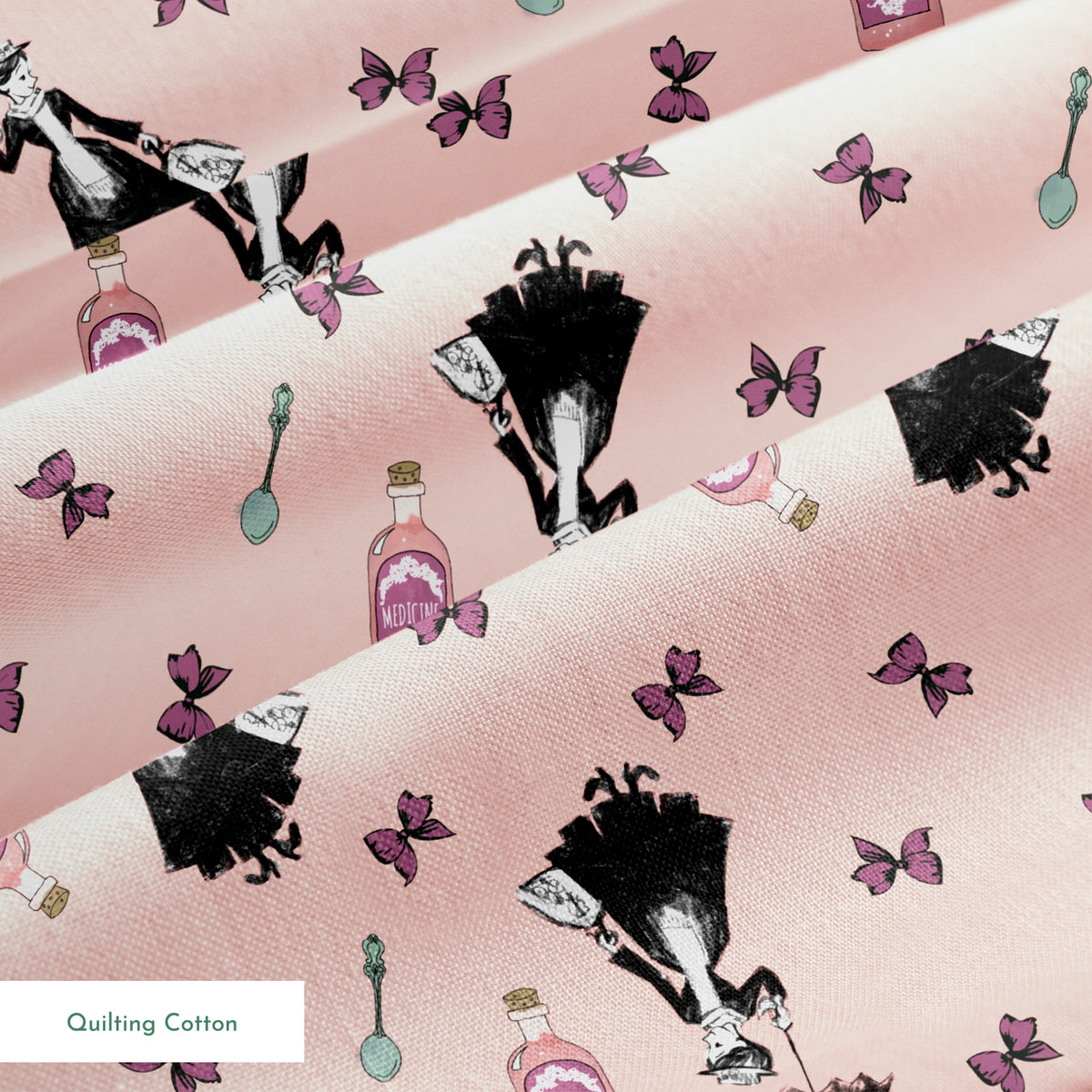 Whimsical illustration on pink background featuring Mary Poppins, purple bottles, and floating bows springs quiltingcotton texture