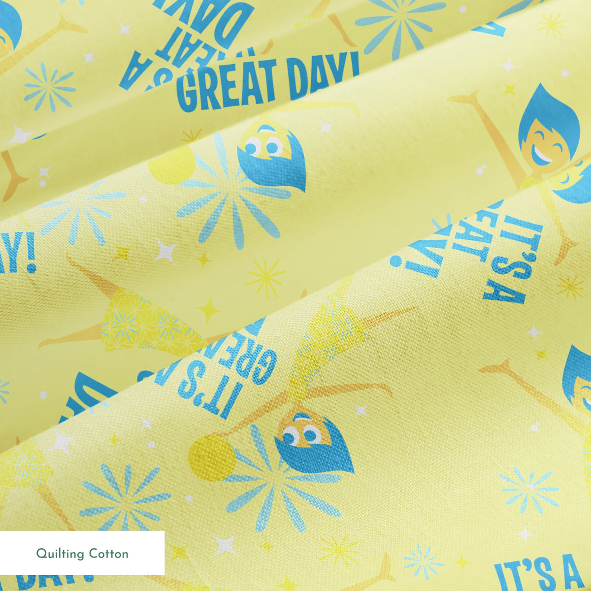 Cheerful Inside Out pattern with blue "IT'S A GREAT DAY!" text and decorative white accents springs quiltingcotton texture