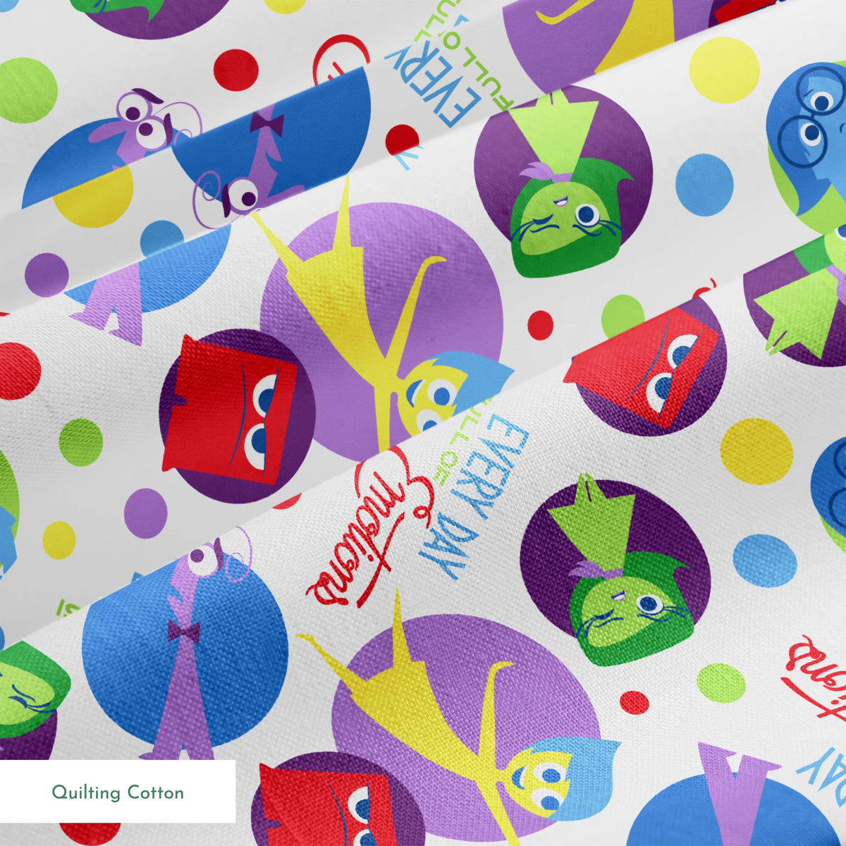 Colorful Inside Out characters in circles - Joy, Sadness, Fear, Disgust, and Anger on polka dot background springs quiltingcotton texture