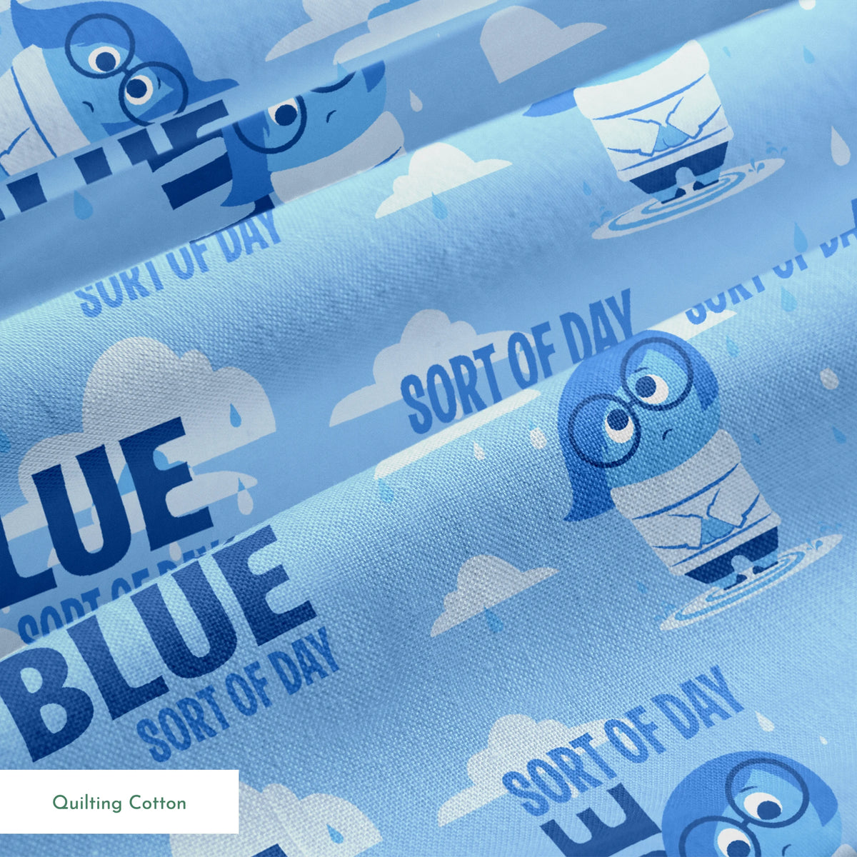 Sadness from Disney and Pixar's Inside Out pattern with "BLUE SORT OF DAY" text on light blue background with clouds springs quiltingcotton texture