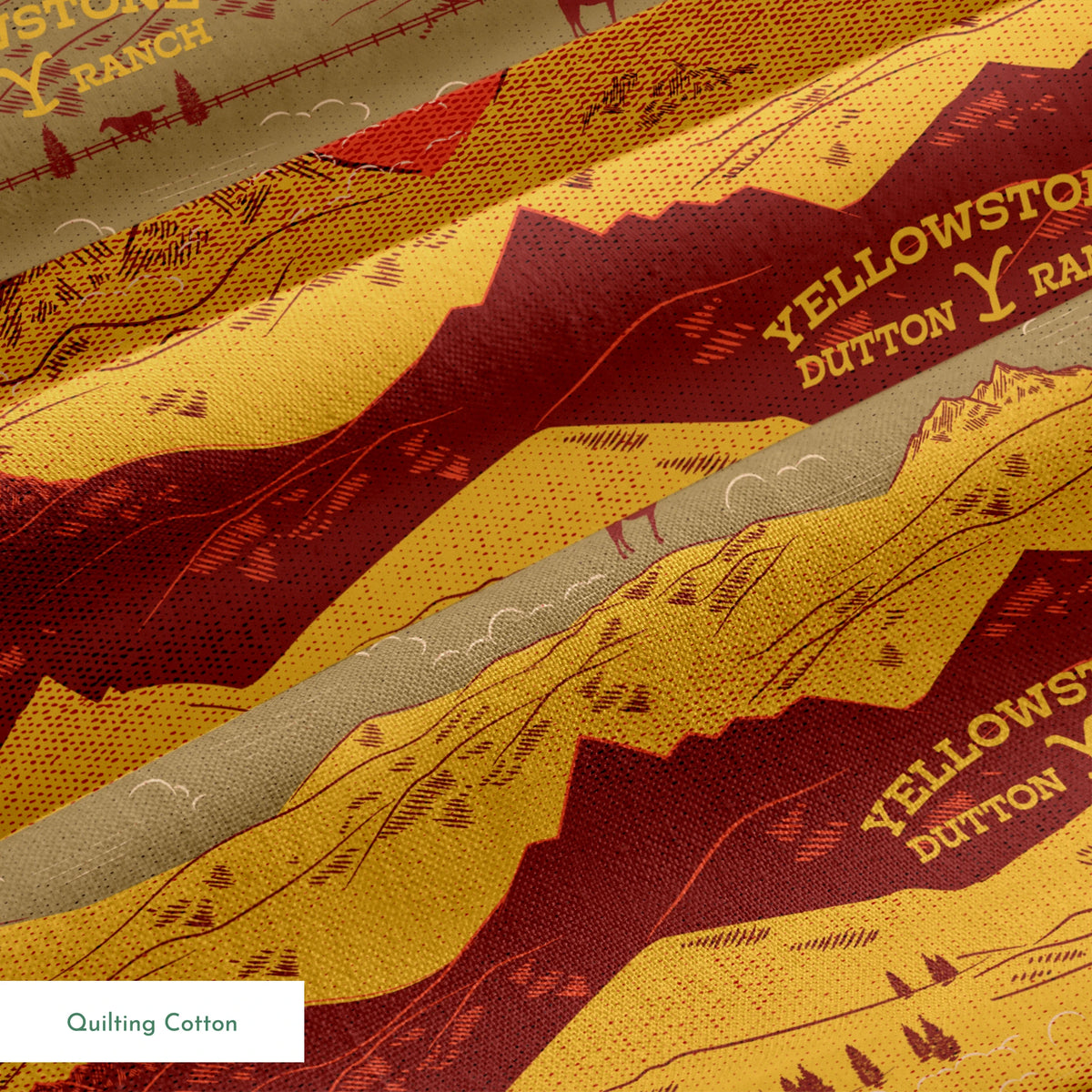 Layered mountain landscape in red, gold, and brown with "Yellowstone Cotton Ranch" text and silhouetted trees and wildlife. springs quiltingcotton texture