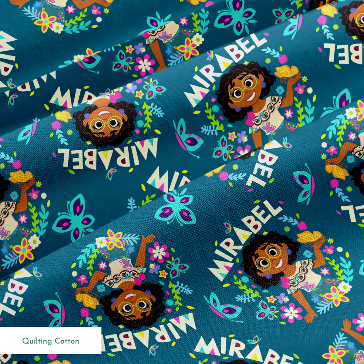 Colorful cartoon pattern on teal background featuring characters, butterflies, flowers, and "Mirabel" text in repeating design springs quiltingcotton texture