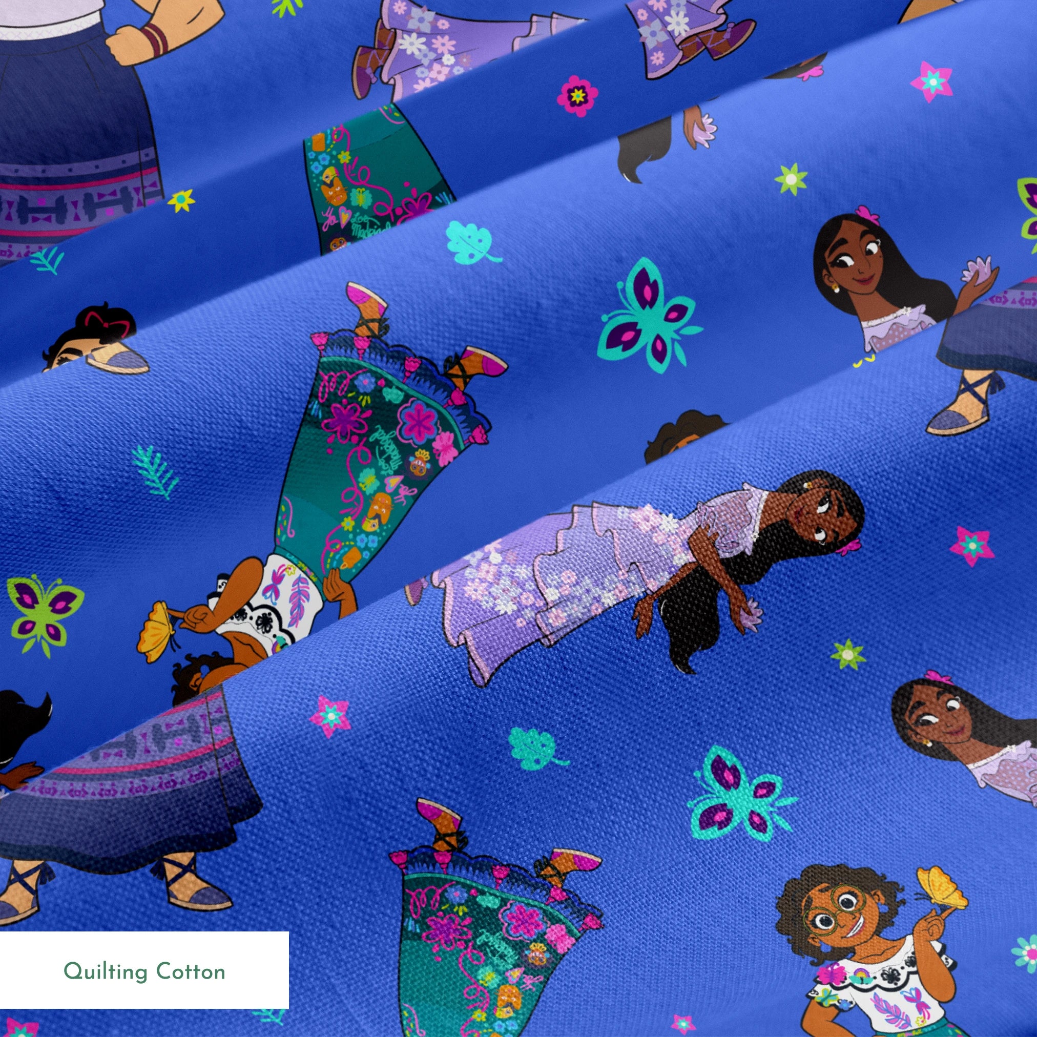 Colorful cartoon figures in traditional clothing floating on vibrant blue background with butterflies and flowers springs quiltingcotton texture