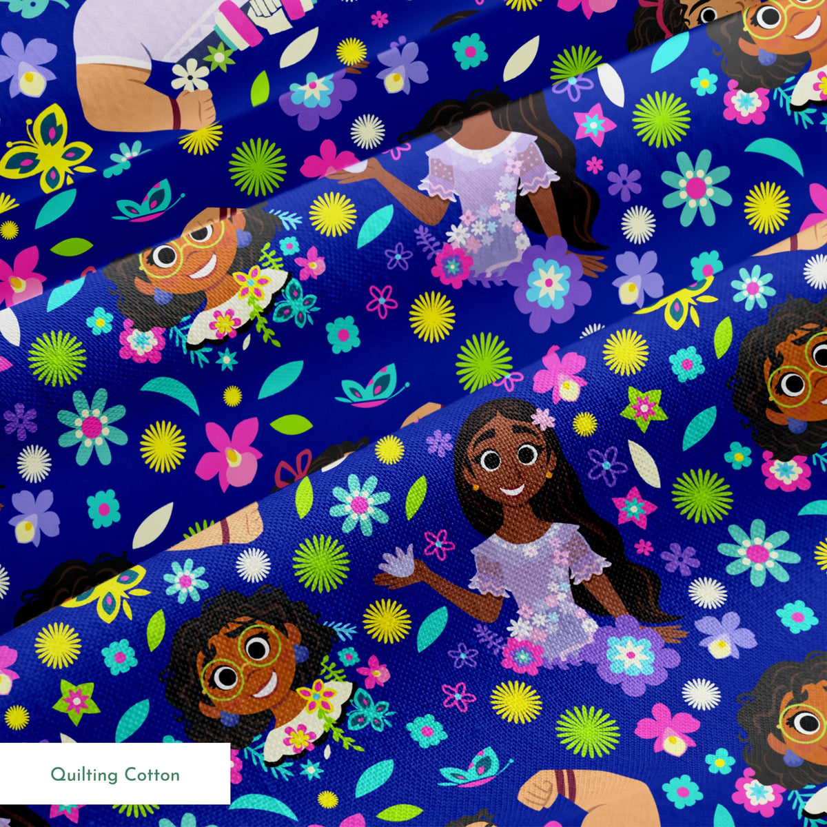 Colorful cartoon characters surrounded by bright flowers on vibrant blue background springs quiltingcotton texture