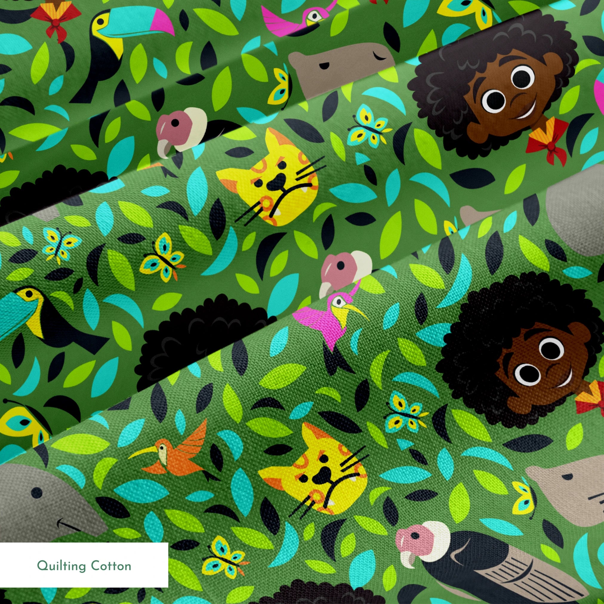 Colorful illustration with children, birds, butterflies, and animals among vibrant green foliage. springs quiltingcotton texture