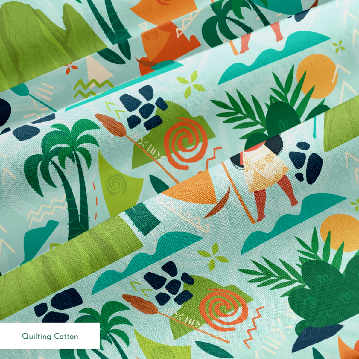 Tropical pattern with palm trees, mountains, sailboats and Polynesian-inspired motifs on mint green springs quiltingcotton texture